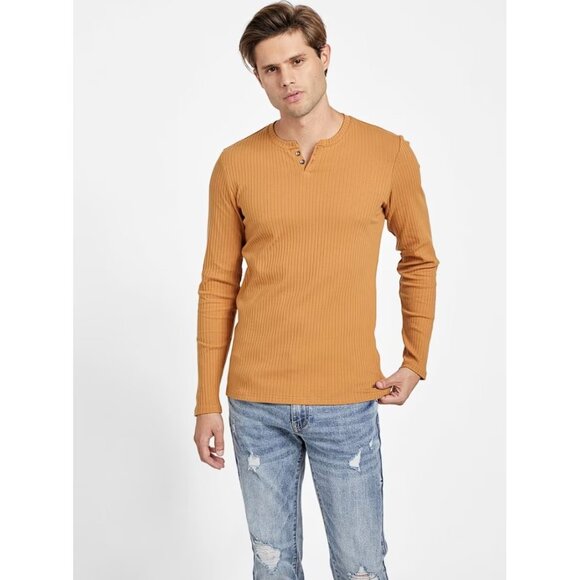 GUESS Men’s Todd Long-Sleeve Henley Size M In Burnt Camel - Picture 1 of 8